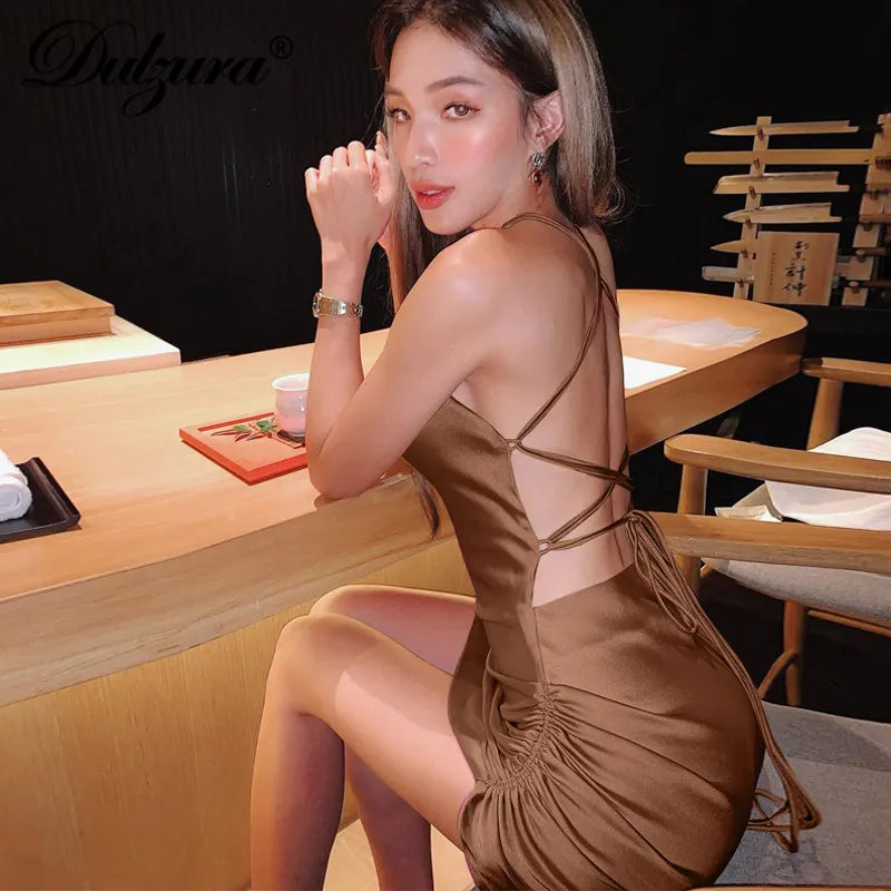 Dulzura Satin Women Strap Mini Dress Ruched Lace Up Cross Bandage Backless Bodycon Sexy Party Elegant 2023 Club Christmas Slim