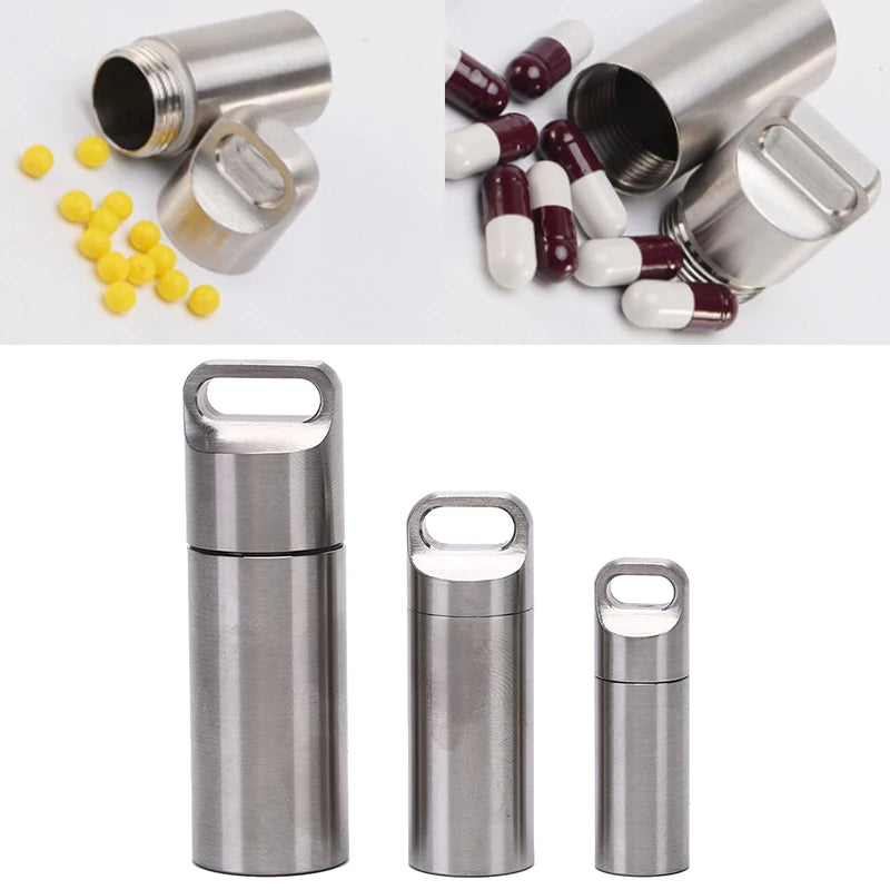 S M L Mini Waterproof Capsule Seal Bottle Stainless Steel Outdoor Survival Pill Box Container Capsule Pill Bottle Tank