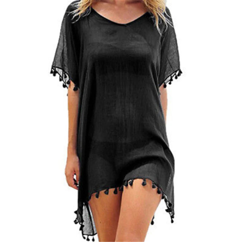 Women Loose Bikini Cover Up New Sexy Tunics For Beach Swimwear Bathing Suit Summer Beach Dress Chiffon Summer Top Tassels Pareo