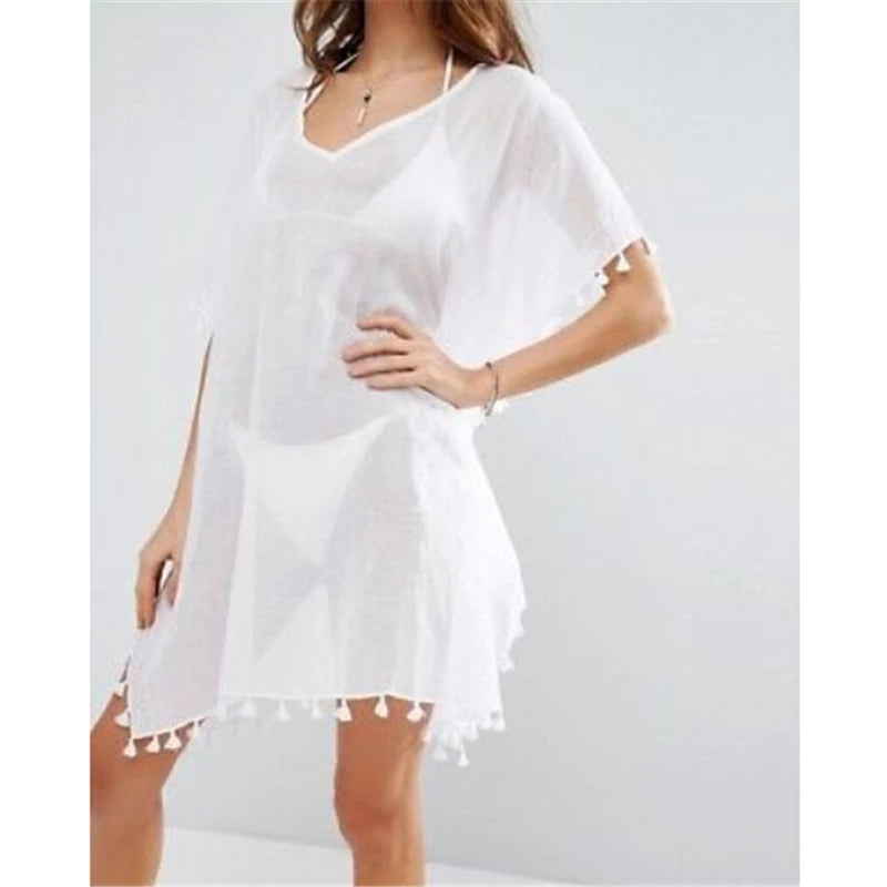 Women Loose Bikini Cover Up New Sexy Tunics For Beach Swimwear Bathing Suit Summer Beach Dress Chiffon Summer Top Tassels Pareo