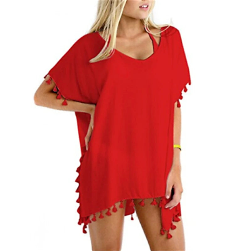 Women Loose Bikini Cover Up New Sexy Tunics For Beach Swimwear Bathing Suit Summer Beach Dress Chiffon Summer Top Tassels Pareo