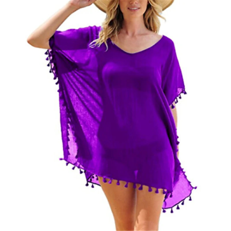 Women Loose Bikini Cover Up New Sexy Tunics For Beach Swimwear Bathing Suit Summer Beach Dress Chiffon Summer Top Tassels Pareo