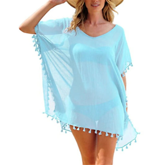 Women Loose Bikini Cover Up New Sexy Tunics For Beach Swimwear Bathing Suit Summer Beach Dress Chiffon Summer Top Tassels Pareo