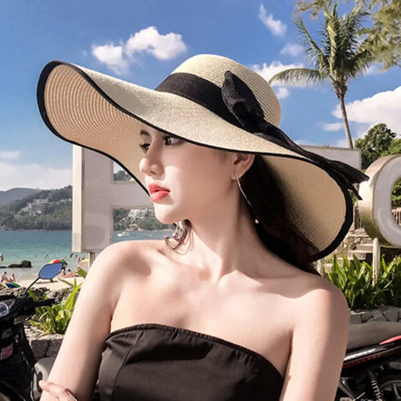 K60 Women's Hat Summer Beach Big Brim Straw Seaside Sun Hat Travel Women's Panama Sun Protection Felt hat UPF 50+ Sun Visor