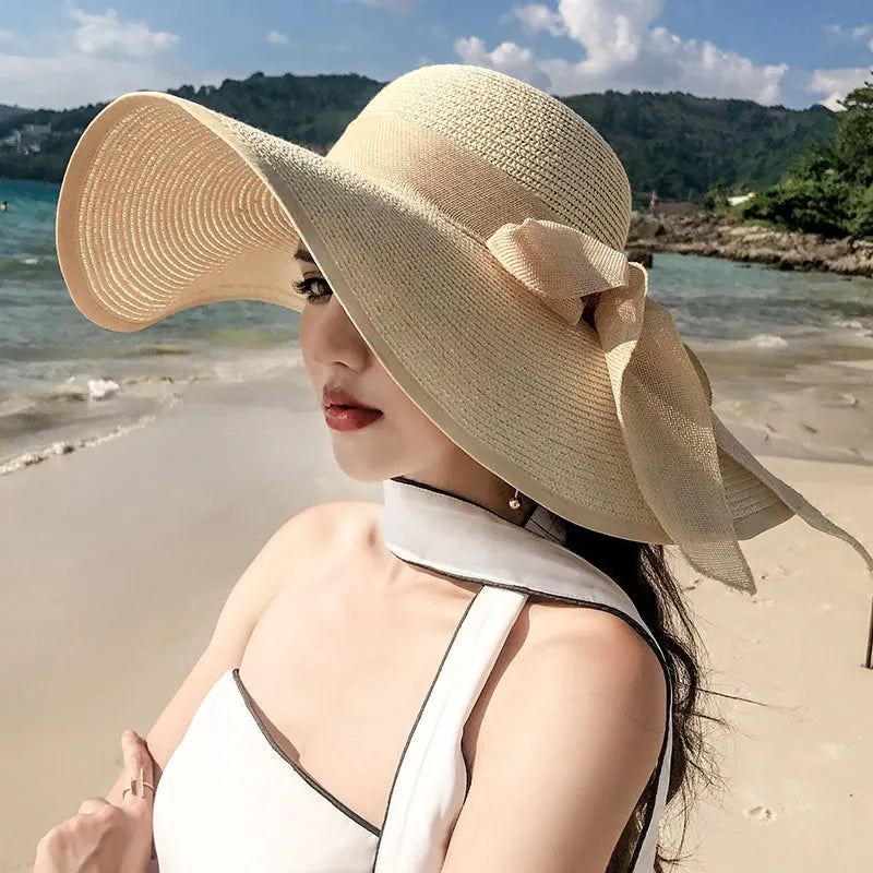 K60 Women's Hat Summer Beach Big Brim Straw Seaside Sun Hat Travel Women's Panama Sun Protection Felt hat UPF 50+ Sun Visor