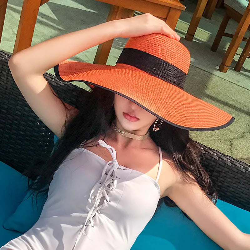 K60 Women's Hat Summer Beach Big Brim Straw Seaside Sun Hat Travel Women's Panama Sun Protection Felt hat UPF 50+ Sun Visor