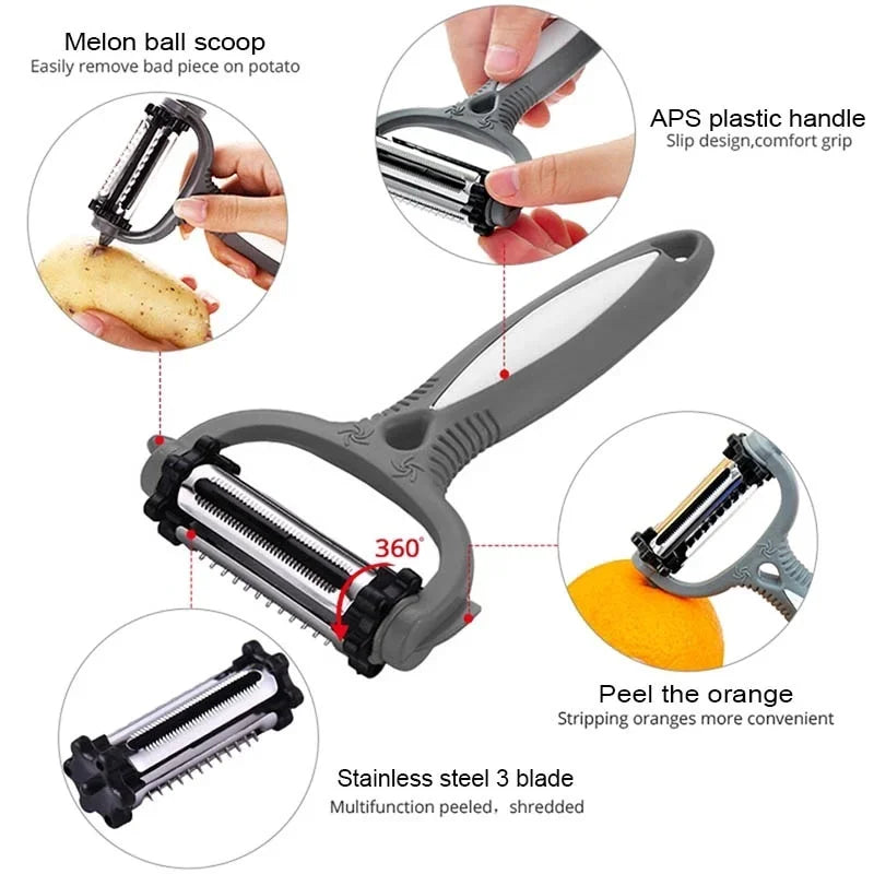 3 in 1 Kitchen Gadget Accessories Potato Peeler Multifunctional 360 Degree Rotary Vegetable Peeler Cutter Melon Planer Grater