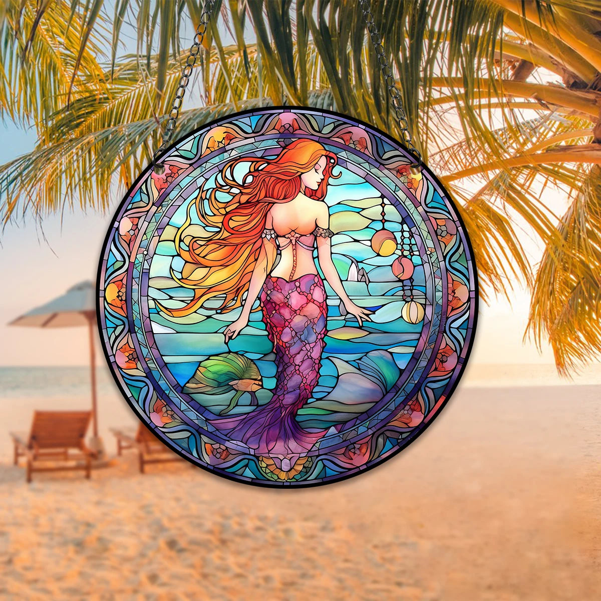 Mermaids Stained Windows Hangings Suncatcher,Mermaids Stained Suncatchers Window Ornament Stained Panel Sun Catcher