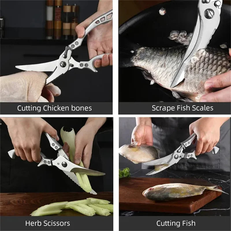 Multifunctional Kitchen Scissors Stainless Steel Powerful Chicken Bone Fruit Seafood  Fish Scale Scissors Kitchen Accessories