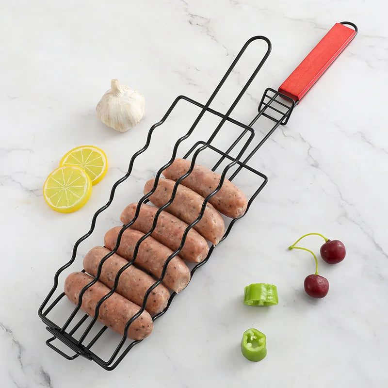 1pcs Stainless Steel Non-stick Hot Dog Grill Clip Ham Sausage Grill Net Gathering Outdoor Camping BBQ Basket Barbecue Tools