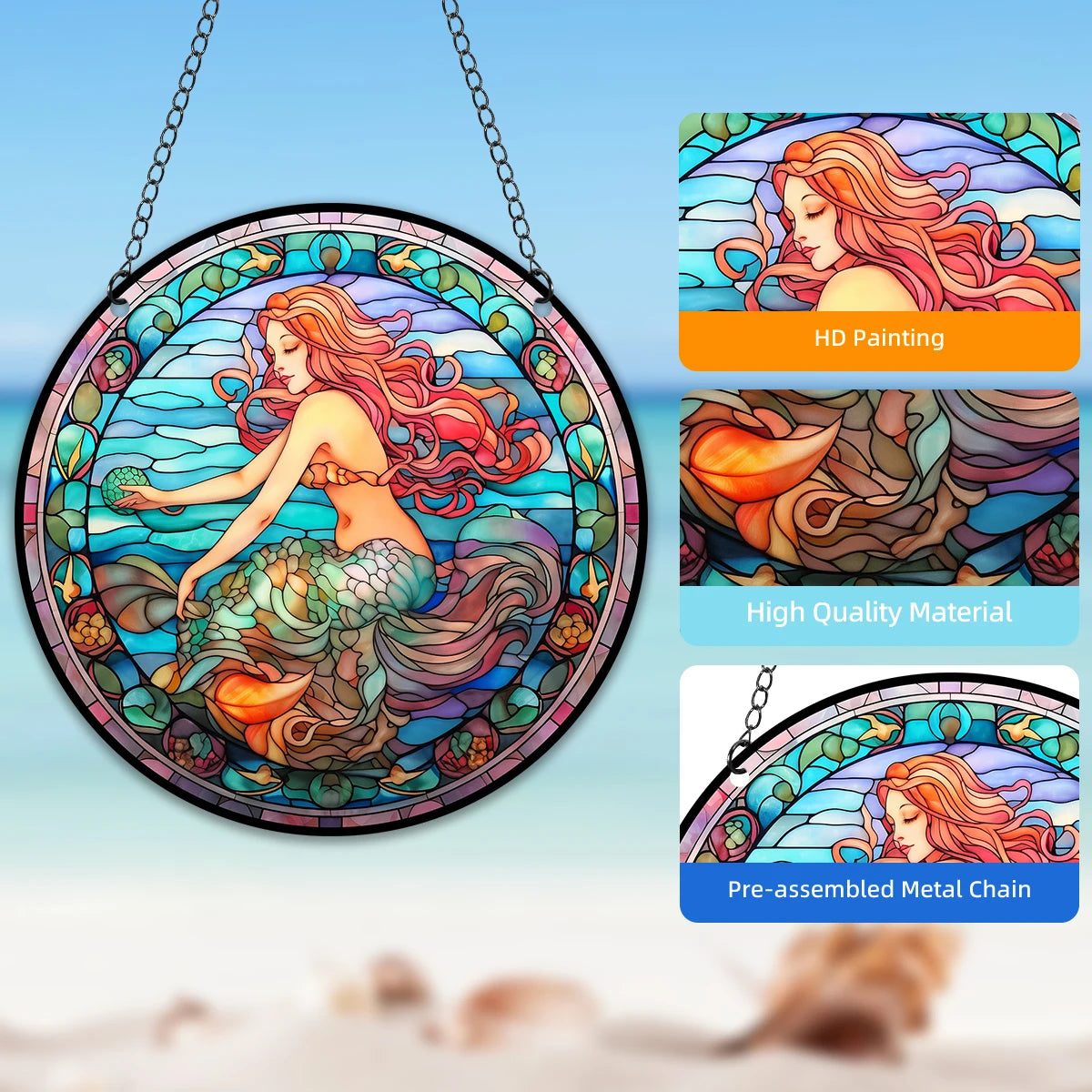 Mermaids Stained Windows Hangings Suncatcher,Mermaids Stained Suncatchers Window Ornament Stained Panel Sun Catcher