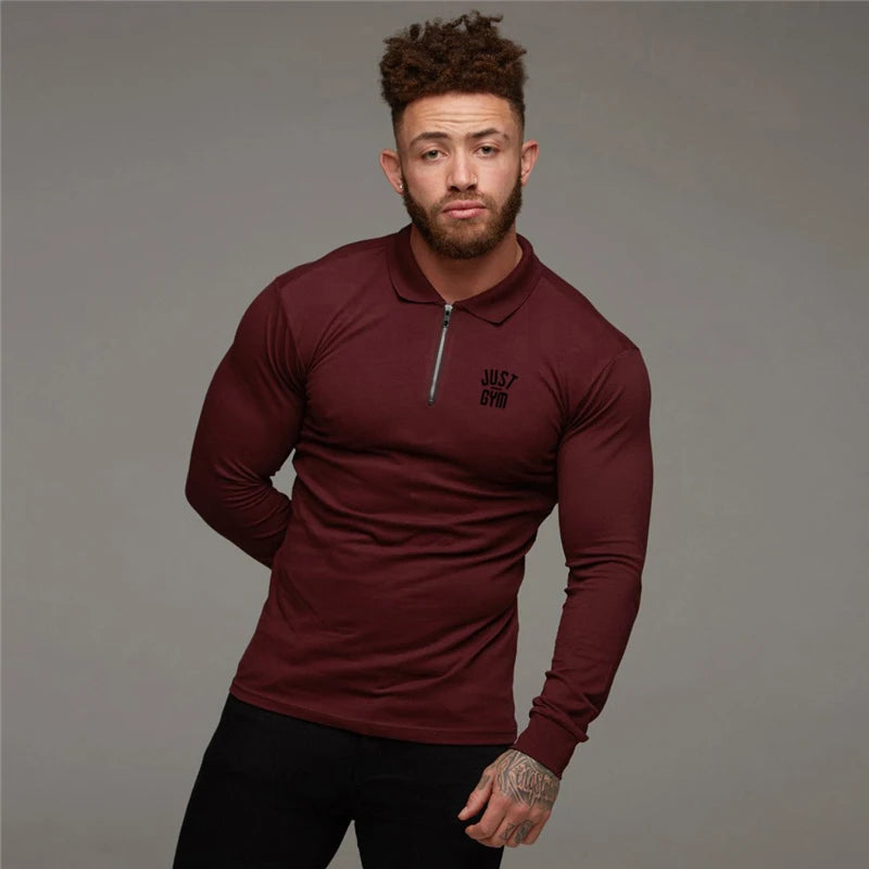 Men's Running Fitness Zippered Lapel Polo Shirts Autumn Cotton Long Sleeve Slim Fit Tees Gym Bodybuilding Workout Muscle Shirt