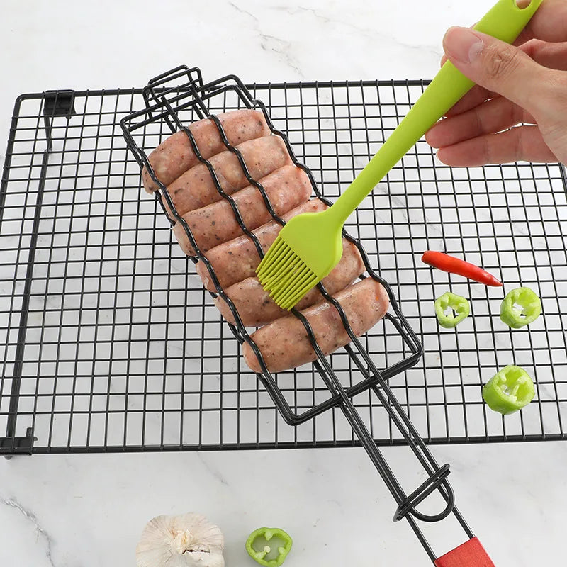 1pcs Stainless Steel Non-stick Hot Dog Grill Clip Ham Sausage Grill Net Gathering Outdoor Camping BBQ Basket Barbecue Tools