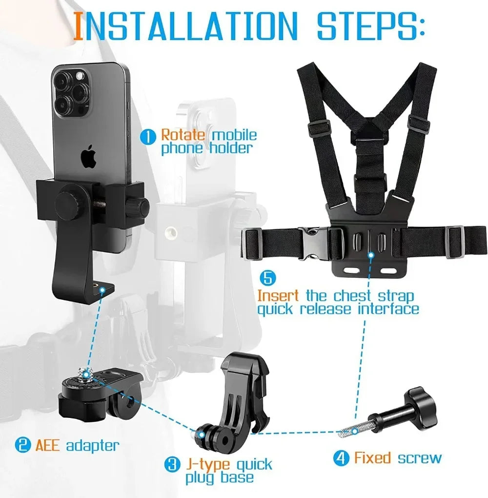 KJOY Adjustable Phone Clip Holder With Chest Strap Fixation Bracket for Sport Camera Mobile Phone Camera Black Holder Accessory