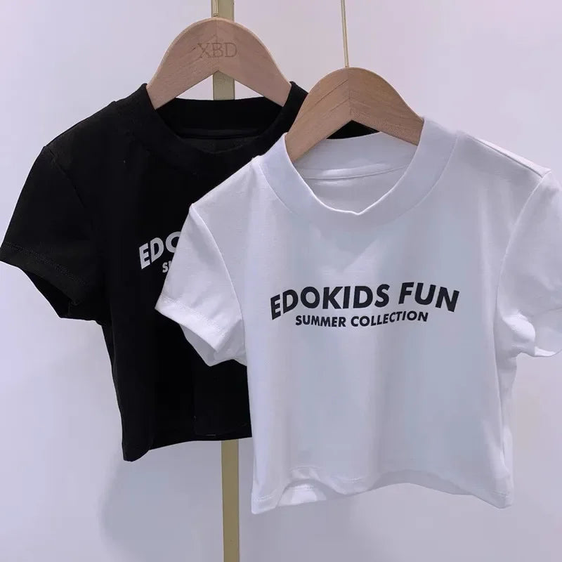 2023 Summer Girls T Shirt Baby Letter Tee Shirt Kids Crop Top Children Streetwear Clothes Fashion Solid Side Kids Girl Clothes