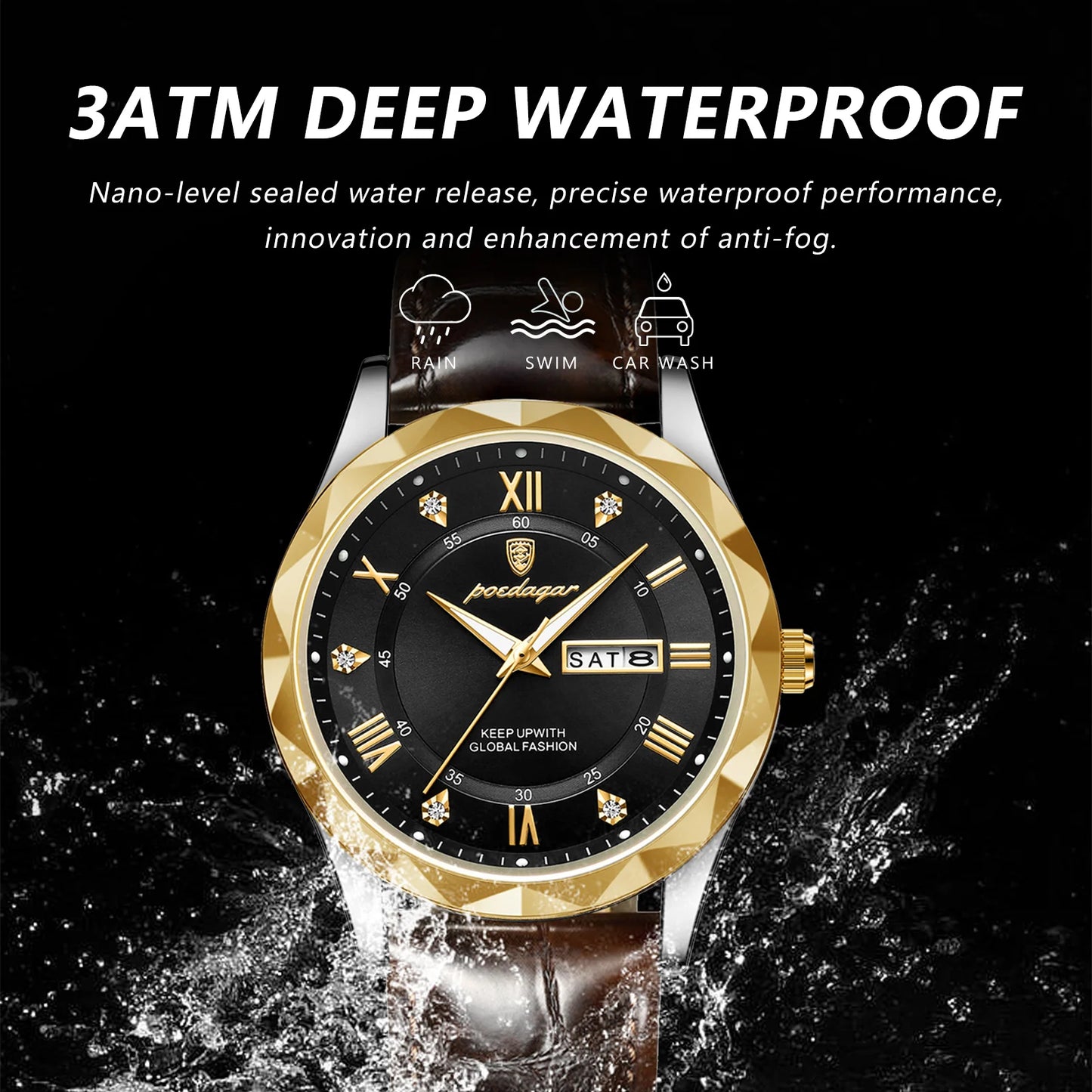 POEDAGAR Luxury Business Man Wristwatch Waterproof Luminous Date Week Men Watch For Men Quartz Clock Leather Men's Watches