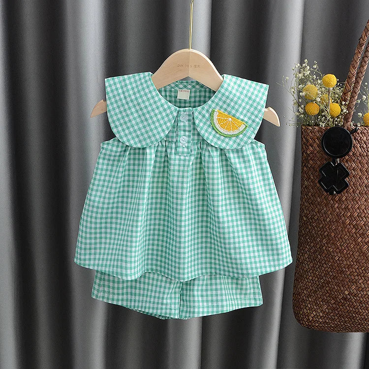 Summer Clothing Sets Baby Girl Cute Fruit Cotton Girls Plaid  Sweet Princess 2pcs Suit Children's Clothing Kids Vestidos