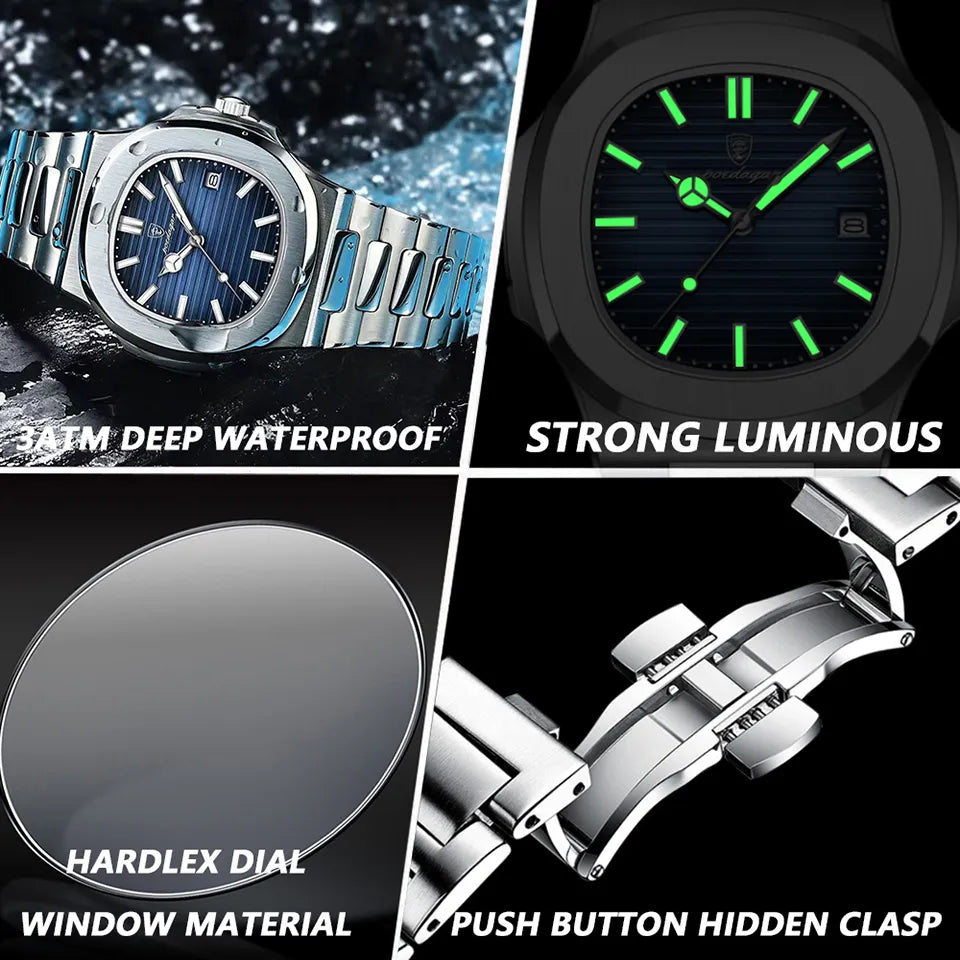 POEDAGAR Luxury Watch Business Waterproof Male Clock Luminous Date Stainless Steel Square Quartz Men Watch