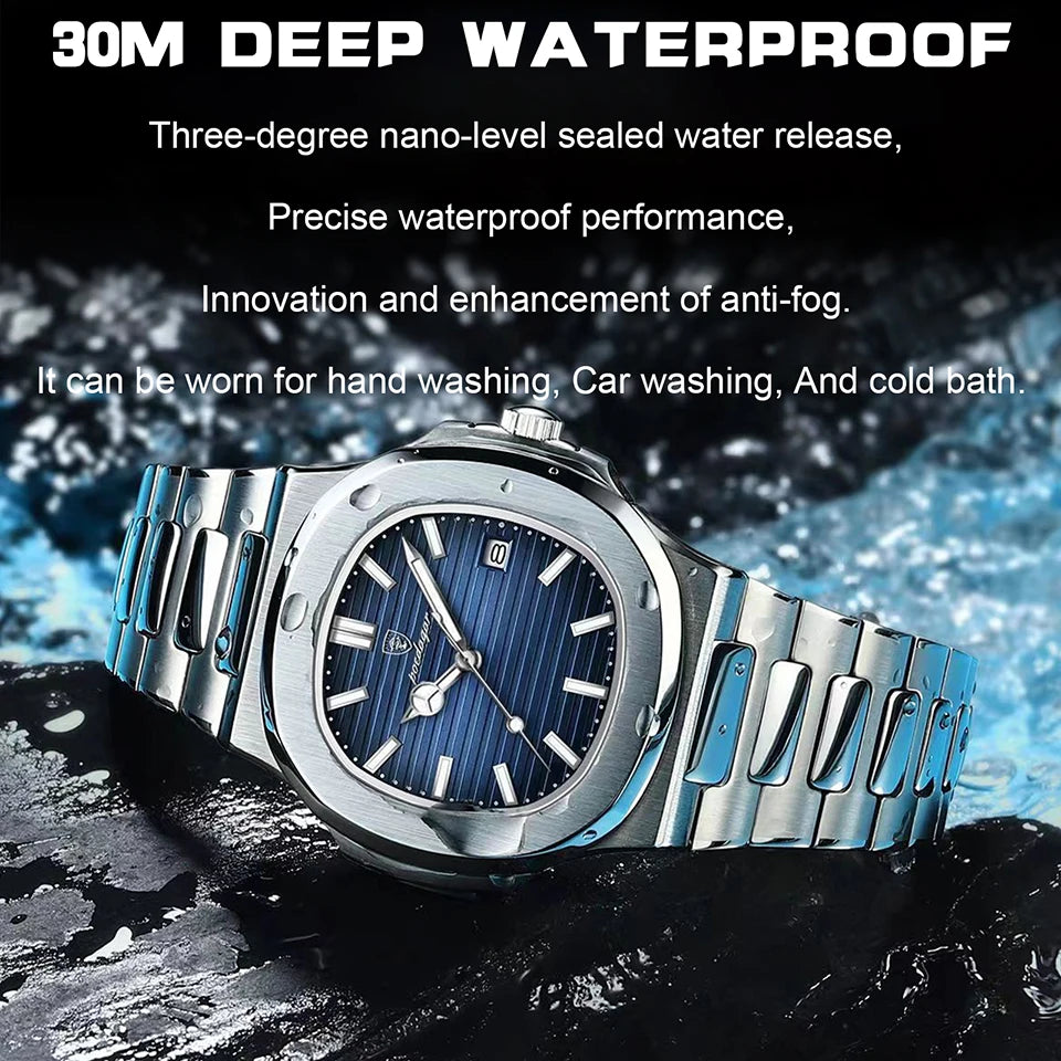 POEDAGAR Luxury Watch Business Waterproof Male Clock Luminous Date Stainless Steel Square Quartz Men Watch