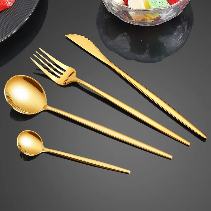 24pcs Gold Dinnerware Set Stainless Steel Steak Knife Fork Coffee Spoon Teaspoon Flatware Dishwasher Safe Kitchen Tableware