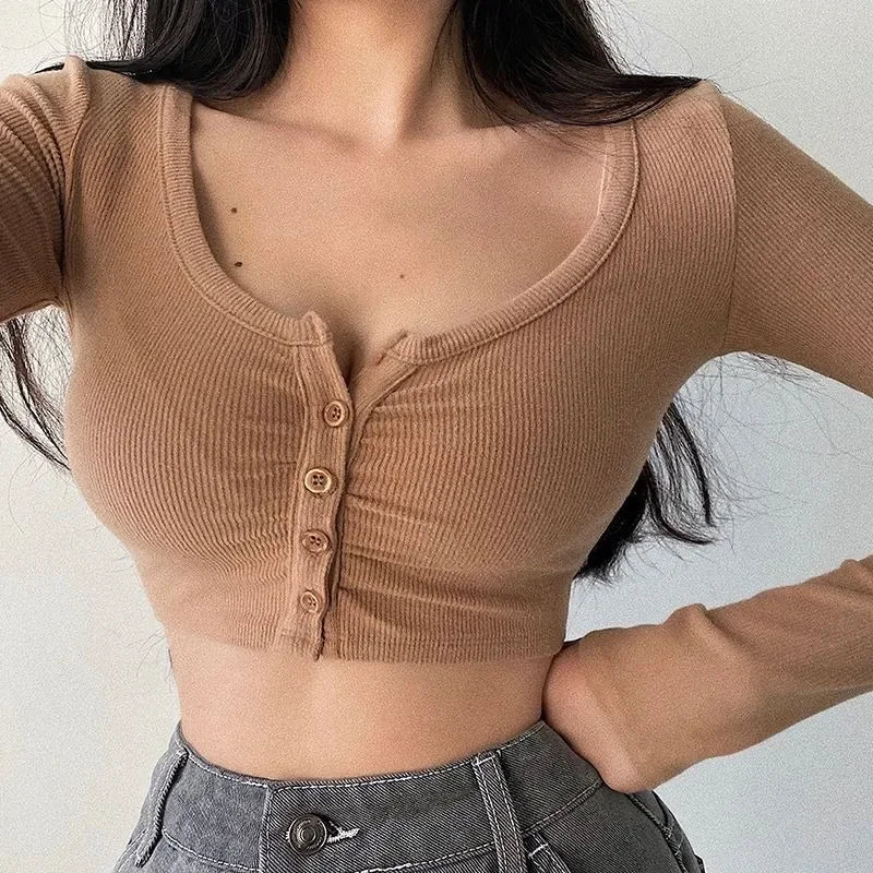 2024 Summer Sexy Women Crop Tops Long Sleeve Tee Shirt Clubwear Buttons Solid T Shirt Women Black White Slim Tops