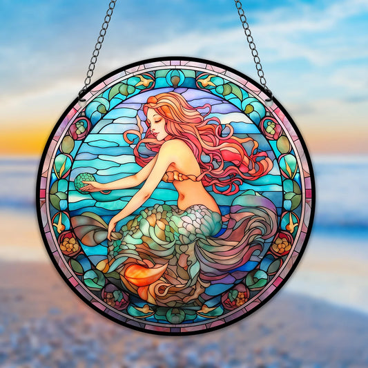 Mermaids Stained Windows Hangings Suncatcher,Mermaids Stained Suncatchers Window Ornament Stained Panel Sun Catcher