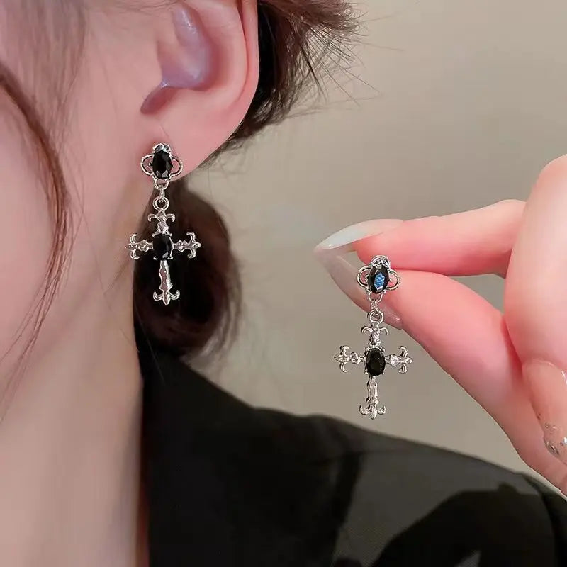 Gothic Cross Black Drill Drop Earrings Women's Jewellery