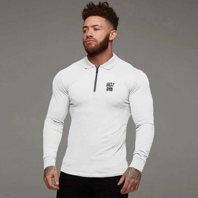 Men's Running Fitness Zippered Lapel Polo Shirts Autumn Cotton Long Sleeve Slim Fit Tees Gym Bodybuilding Workout Muscle Shirt