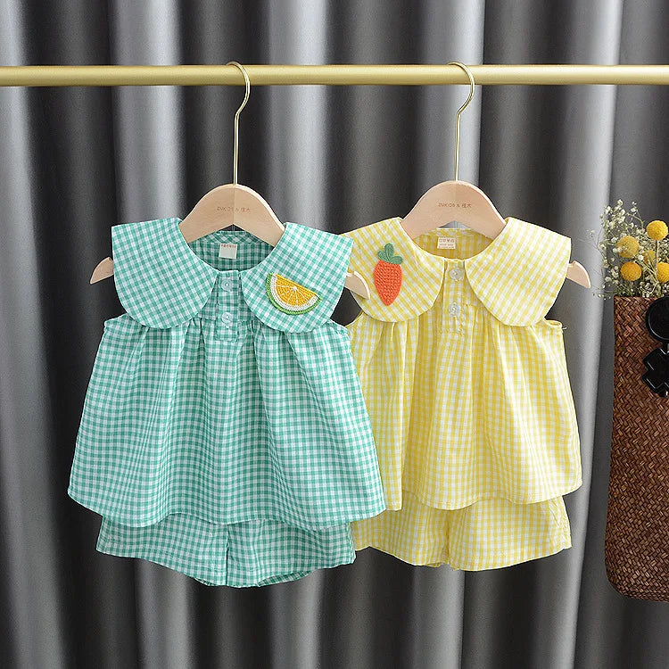 Summer Clothing Sets Baby Girl Cute Fruit Cotton Girls Plaid  Sweet Princess 2pcs Suit Children's Clothing Kids Vestidos