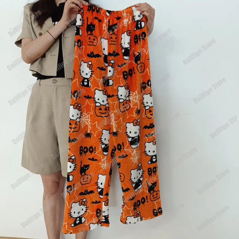 2023 Sanrio Hello Kitty Pajamas Halloween Flannel Fashion Woollen Anime Cartoon Casual Home Pants