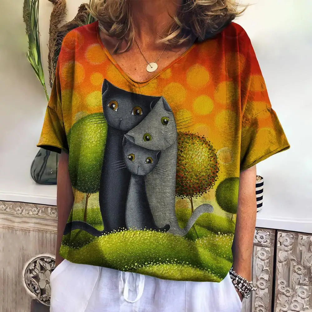 Women's T-shirt Cartoon Cat Print Loose Leisure Summer Short Sleeve V-Neck Kawaii Tee Shirts With Cat Funny Femininity Clothing