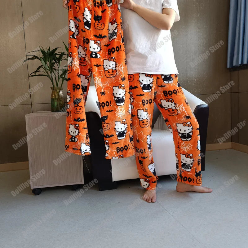 2023 Sanrio Hello Kitty Pajamas Halloween Flannel Fashion Woollen Anime Cartoon Casual Home Pants