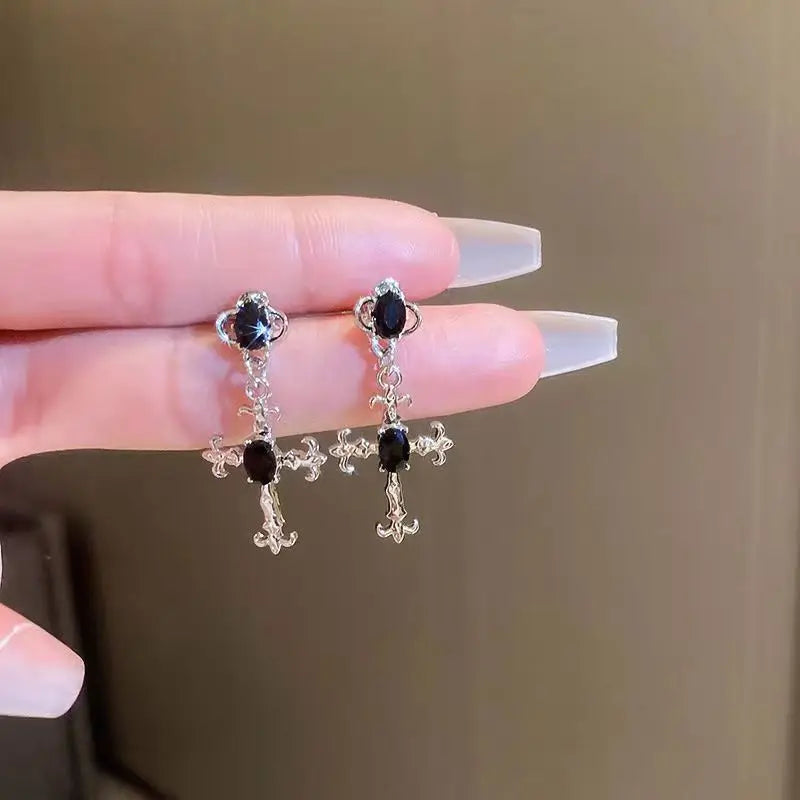 Gothic Cross Black Drill Drop Earrings Women's Jewellery