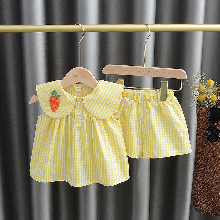 Summer Clothing Sets Baby Girl Cute Fruit Cotton Girls Plaid  Sweet Princess 2pcs Suit Children's Clothing Kids Vestidos