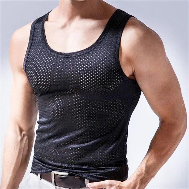 New Men Ice Silk Tops Vest Outer Wear Quick-Drying Mesh Hole Breathable Sleeveless T-Shirts Summer Cool Vest Beach Travel Tanks