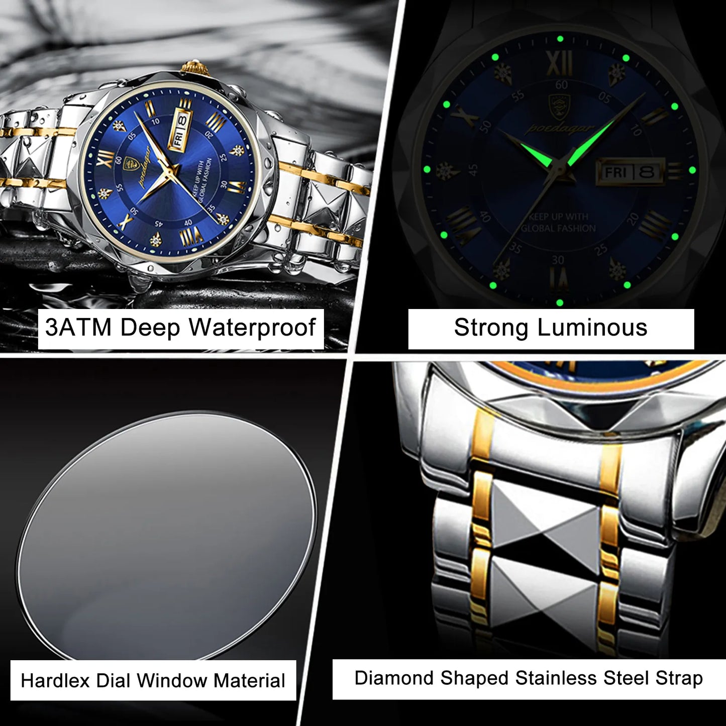 POEDAGAR Top Brand Luxury Man Wristwatch Waterproof Luminous Date Week Men Watches Stainless Steel Quartz Men's Watch Male