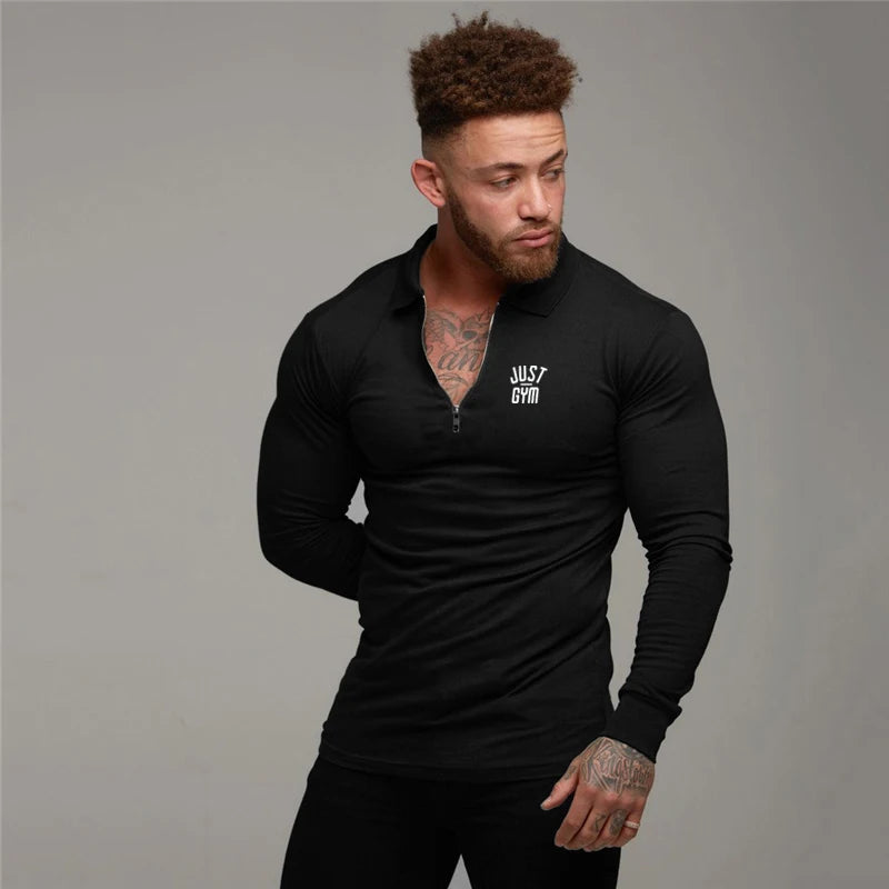 Men's Running Fitness Zippered Lapel Polo Shirts Autumn Cotton Long Sleeve Slim Fit Tees Gym Bodybuilding Workout Muscle Shirt