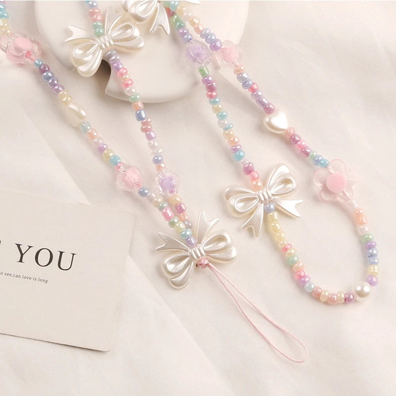 Creative Crystal Bowknot Pearl Beaded Mobile Phone Straps for Women Phone Case Key Chain Bag Pendant Decoration Accessories