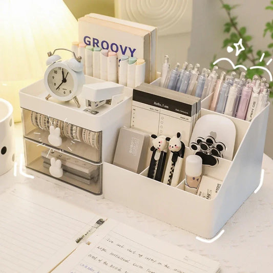 Desktop Transparent Cosmetics Storage Box Desktop Organizer with Drawers Pen Holder Stationary Storage Rack for Office Desks