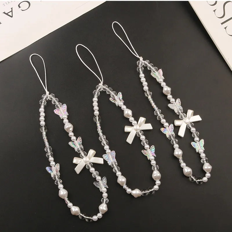 Creative Crystal Bowknot Pearl Beaded Mobile Phone Straps for Women Phone Case Key Chain Bag Pendant Decoration Accessories