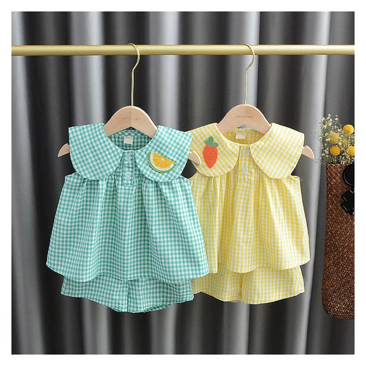 Summer Clothing Sets Baby Girl Cute Fruit Cotton Girls Plaid  Sweet Princess 2pcs Suit Children's Clothing Kids Vestidos