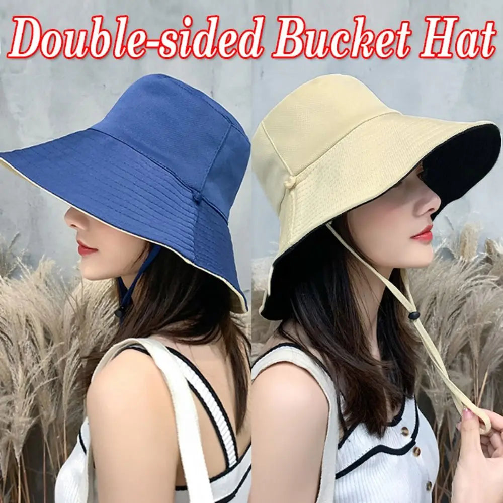 Summer Women Double-sided Bucket Hats Fashion Big Brim Foldable Solid Sun Hat Outdoor Beach Visor Caps Fisherman Cap for Travel