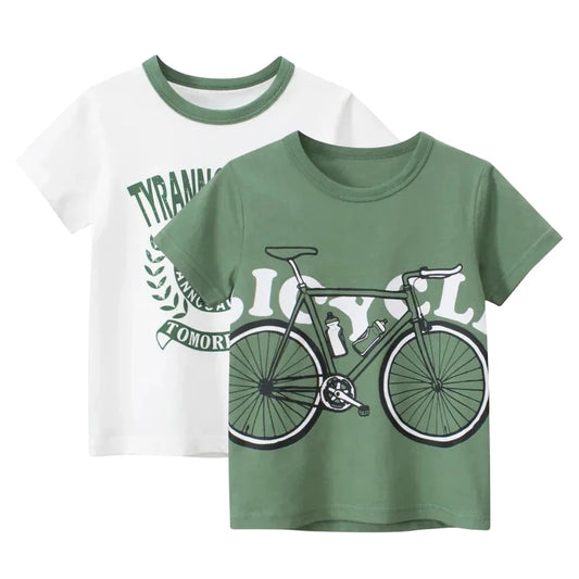 2024 Summer New Boys Clothes Cartoon Bicycle Print Children's T-Shirt Kids Fashion Short Sleeve O-Neck Cotton Top Tees Shirt