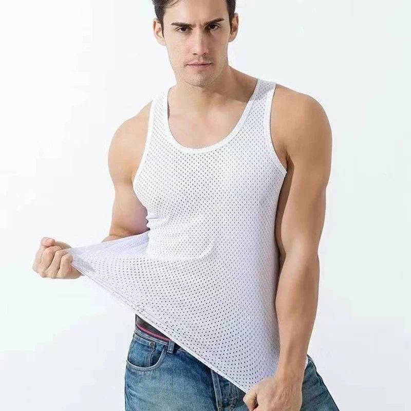 New Men Ice Silk Tops Vest Outer Wear Quick-Drying Mesh Hole Breathable Sleeveless T-Shirts Summer Cool Vest Beach Travel Tanks