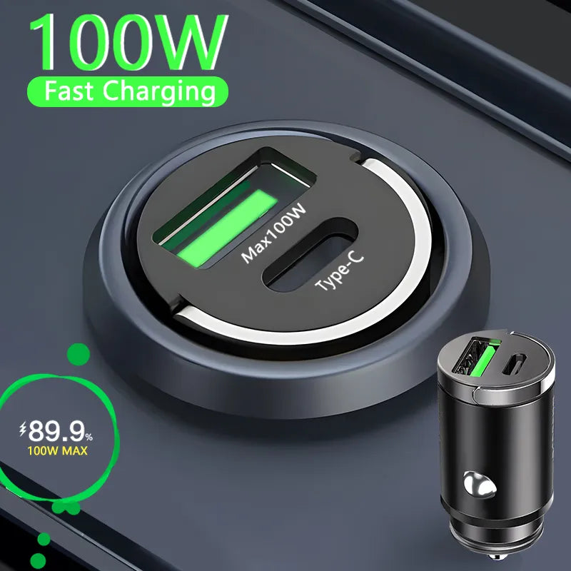 100W Mini Car Charger Lighter Fast Charging for iPhone QC3.0 Mini PD USB Type C Car