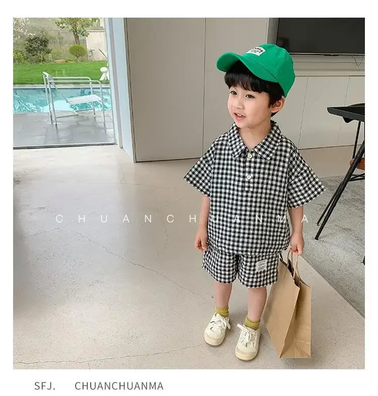 Children Clothing 2023 New Fashionable Boys Clothes Set Spring Summer Kids Sports Style Short Sleeves Plaid Shorts Two Piece Set