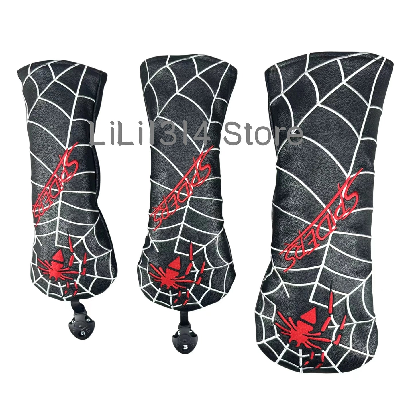 White/Red/Black PU Leather with Spider Embroidery Wood Head Cover Golf Club Driver Fairway Wood FW Hybrid Head Cover