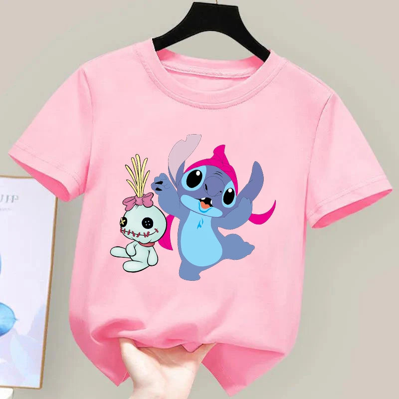 Disney Stitch Angel T-Shirt Girl Pink Short Sleeve Tees Shirt Kids Summer Clothes Cartoon Printed Toddler Tee Tops Baby Clothing