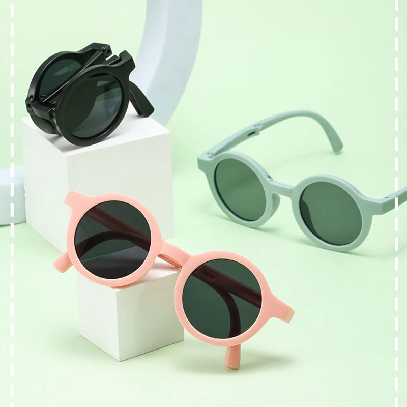 Folding Kids Sunglasses Storage Box Summer Baby Sun Glasses for Girls Boys Beach Travel Retro Round Sun Protection Child Eyewear