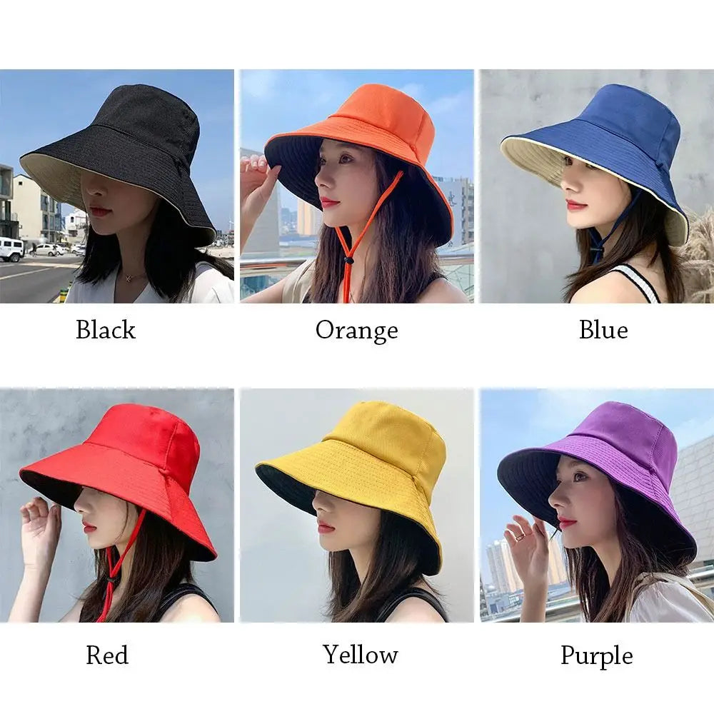 Summer Women Double-sided Bucket Hats Fashion Big Brim Foldable Solid Sun Hat Outdoor Beach Visor Caps Fisherman Cap for Travel